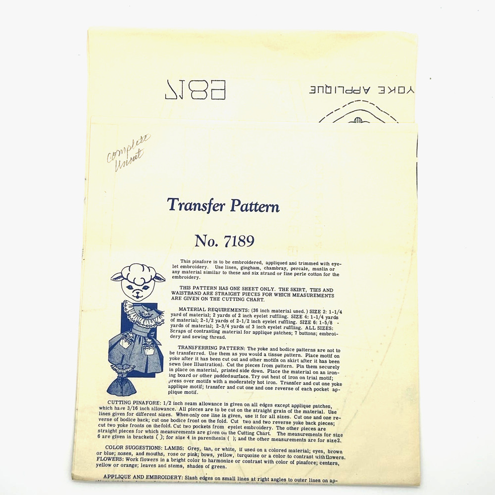Vintage Lamb and Clothing Transfer Pattern  #7189 HTF‎